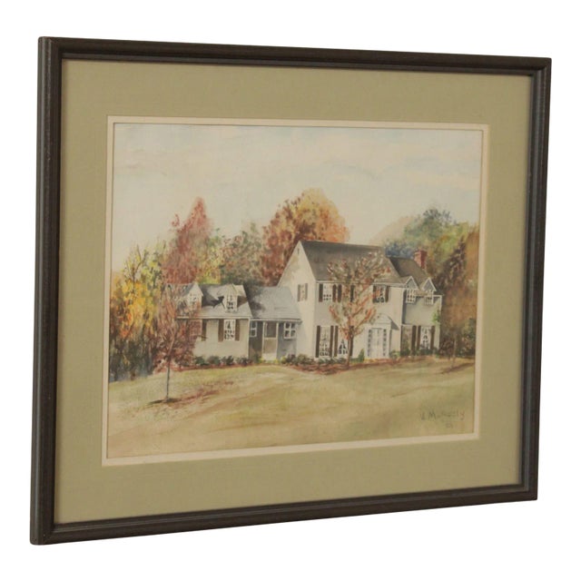 Vintage 20th C. New England House in Autumn Original Watercolor, Signed For Sale