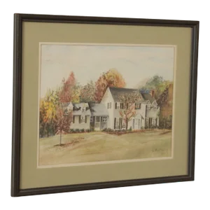 Vintage 20th C. New England House in Autumn Original Watercolor, Signed