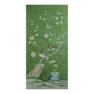 Green Chinoiserie Silk Wallpaper | Hand-Painted Birds, Flowers Mural For Sale