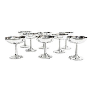 Vintage Mid Century Inox P Stainless Steel Silver Metal Champaign Goblets / Cocktail Coupe Glasses - Set of 8 For Sale