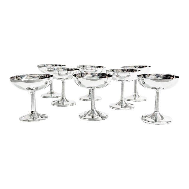 Vintage Mid Century Inox P Stainless Steel Silver Metal Champaign Goblets / Cocktail Coupe Glasses - Set of 8 For Sale