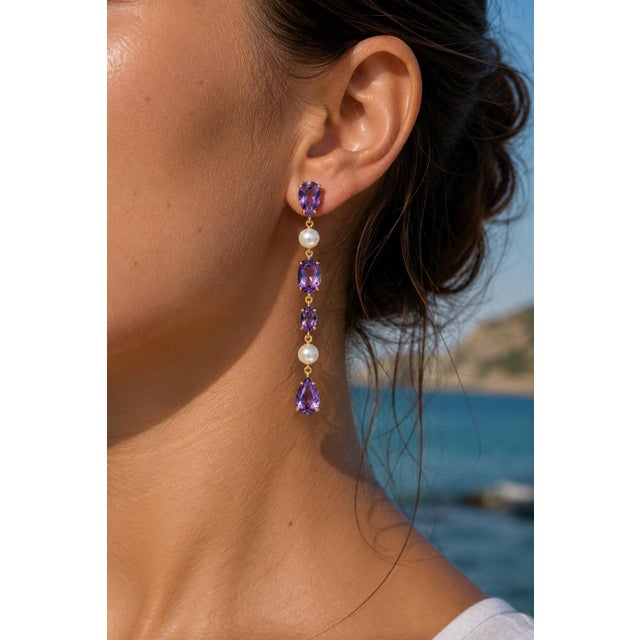 Amethyst & Pearl Drop Multi-Shape Earrings, Silver, Gold, Pair For Sale - Image 4 of 7
