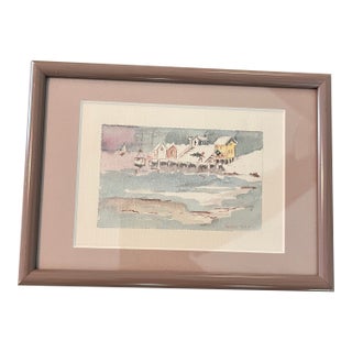 Chairish Title: Vintage Pauline Rice Signed Original Watercolor Winter Coastal Harbor, Framed For Sale