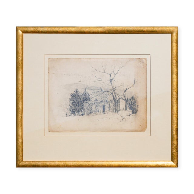 Illustration Madelyn Colby Naturalistic Monochromatic New Mexico Landscape Pencil Drawing with Trees, Mid-20th Century For Sale - Image 3 of 10