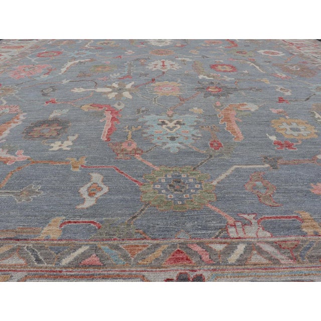 Large Modern Oushak Design With All-Over Multi Colored Floral Design in Wool For Sale - Image 4 of 13