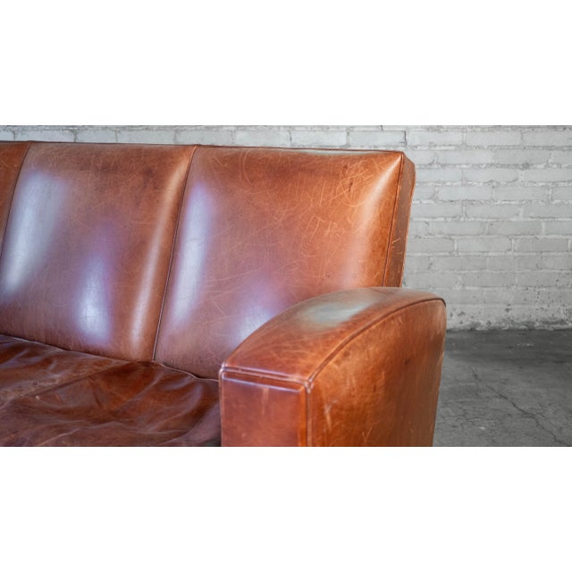 1970s Vintage Art Deco Cognac Leather Sofa For Sale - Image 5 of 16