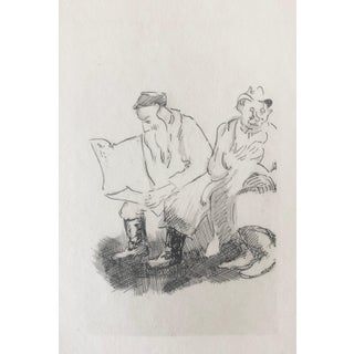 Paul Jeffay, Judaica Jewish Shtetl Etching Reading the Newspaper Vintage Chassidic Art Print, c.1950's For Sale