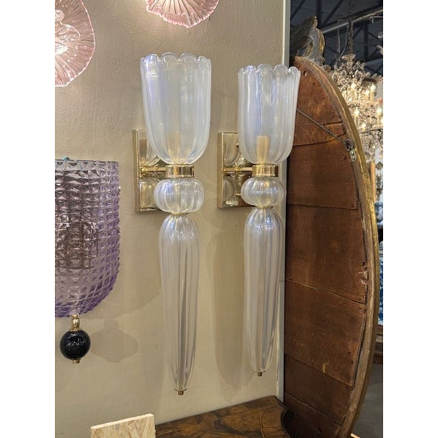Pair of Opalescent Murano Glass Cone Form Sconces For Sale - Image 4 of 7