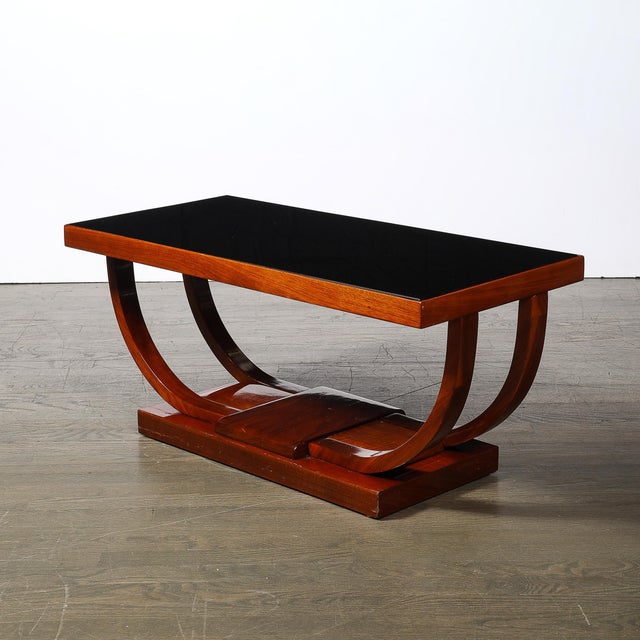 Wood Art Deco Machine Age Walnut Cocktail Table W/ Inset Vitrolite Top by Modernage For Sale - Image 7 of 11