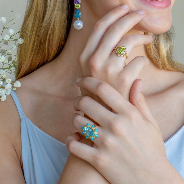 Kai Blue Topaz Turquoise Aquamarine Cocktail Ring in 14k Gold Ring, size 4 For Sale - Image 12 of 12