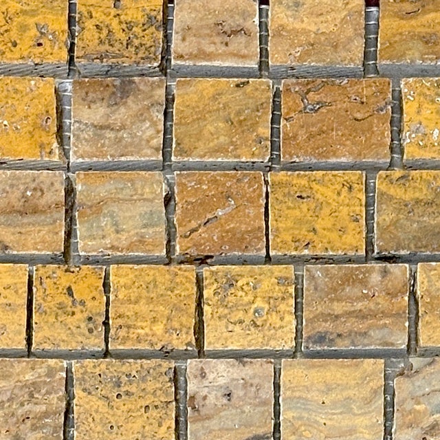 Polished and unfilled gold travertine broken tessere decorative mosaic tile. Suitable for use in vertical and horizontal...
