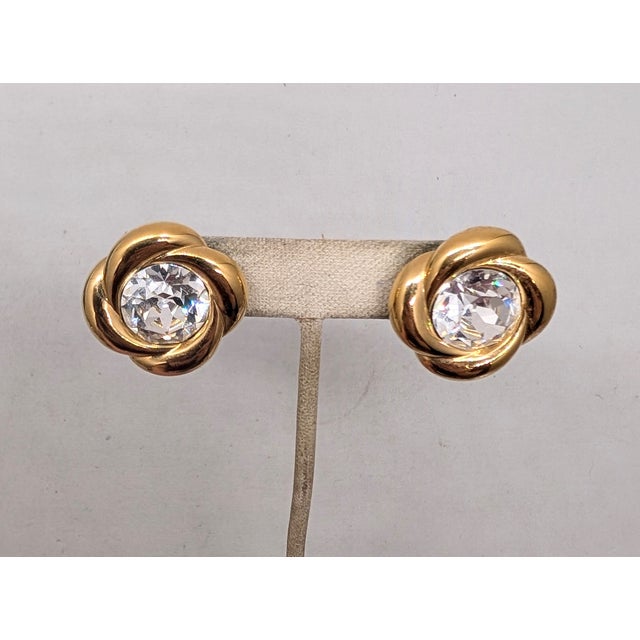 Vintage C 1989 Signed Napier Goldtone Round Clear Rhinestone Pierced Earrings-2 Pieces For Sale In Philadelphia - Image 6 of 8