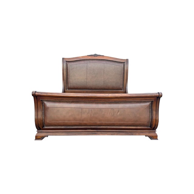 King Size Wood Leather Sleigh Bed Frame For Sale - Image 4 of 6