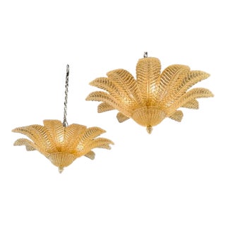 Contemporary Murano Amber Granola Palm Leaf Flush Mount Chandeliers - a Pair For Sale