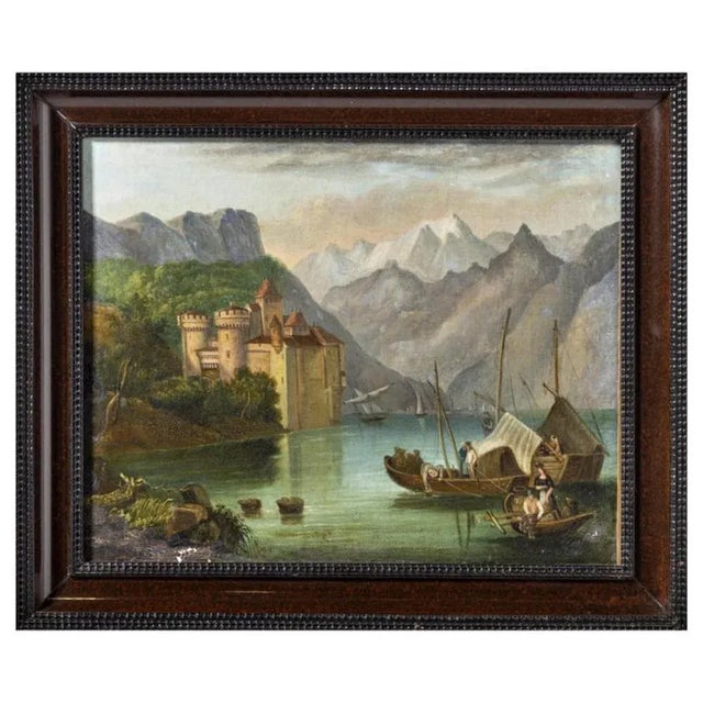 European School Artist, River Landscape with Castle and Boats, 19th Century, Oil on Wood For Sale - Image 5 of 7