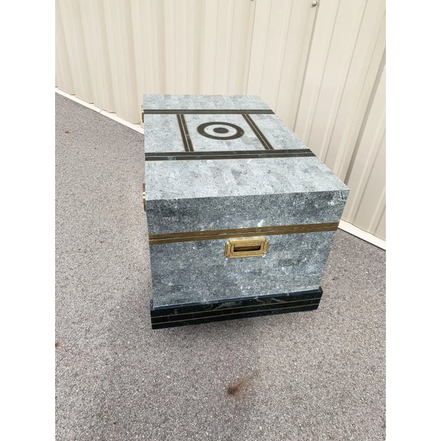 Vintage Maitland-Smith Tessellated Stone Marble With Brass Inlay Trunk Attributed to Robert Marcius For Sale - Image 6 of 13