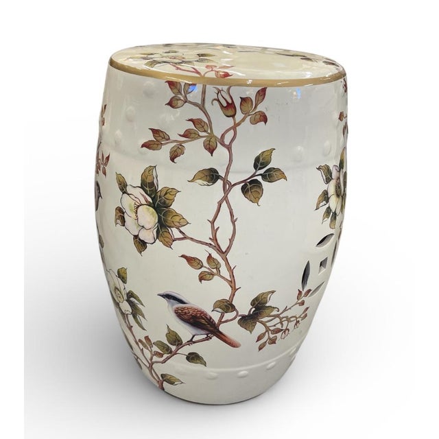 2000 - 2009 Chinoiserie Ceramic Garden Stool With Birds & Camellias For Sale - Image 5 of 7
