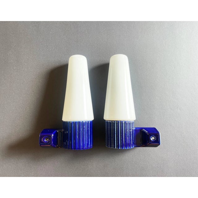 Blue Ceramic and Opaline Glass Sconces by Sigvard Bernadotte for Ifö, 1960s, Set of 2 For Sale - Image 14 of 14