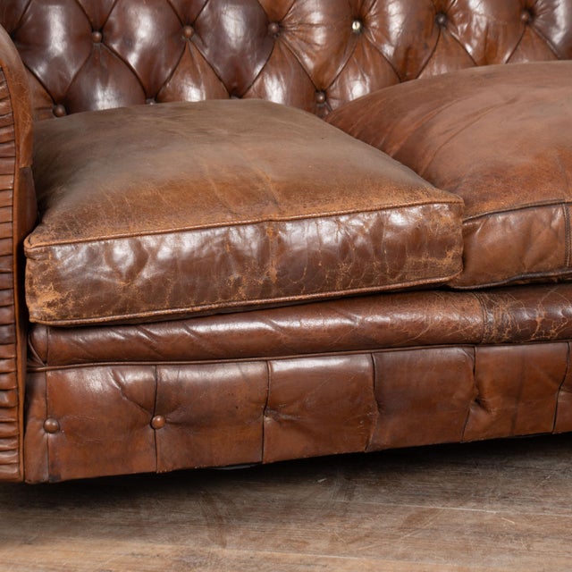 Set of Three Vintage Brown Leather Chesterfield Seating Group With Sofa and Pair of Club Chairs For Sale - Image 6 of 18