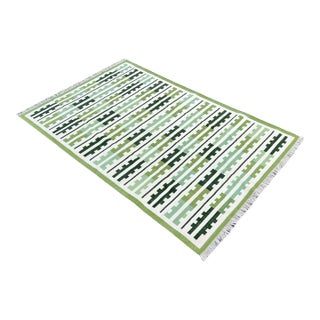 Handmade Cotton Rug, Natural Vegetable Dyed, Green and White Marianne Rug - 6'x9' For Sale