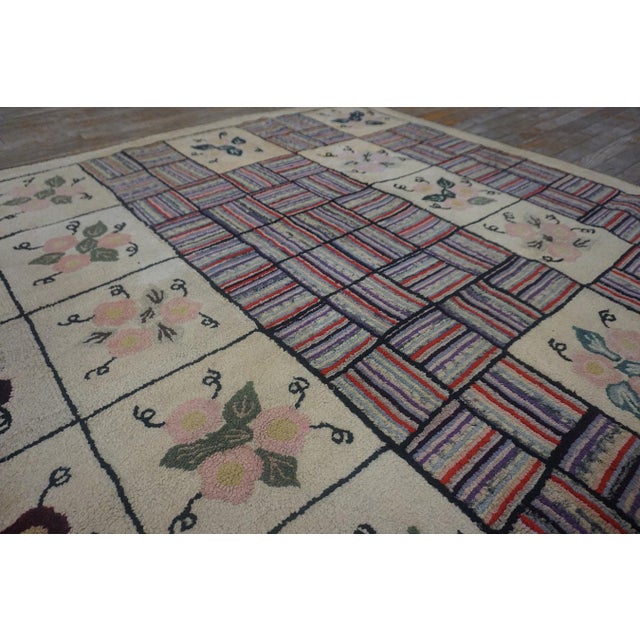 Remarkable Beige Color With Geometric and Floral Design Vintage American Hooked Rug For Sale - Image 9 of 15