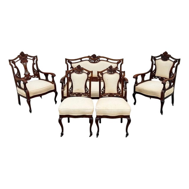 Antique Victorian Carved Mahogany Inlaid Parlor Set Sofa and 4 Chairs - 5 PCS For Sale
