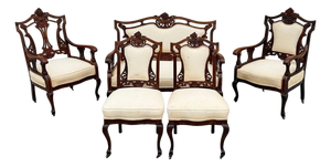 Antique Victorian Carved Mahogany Inlaid Parlor Set Sofa and 4 Chairs - 5 PCS