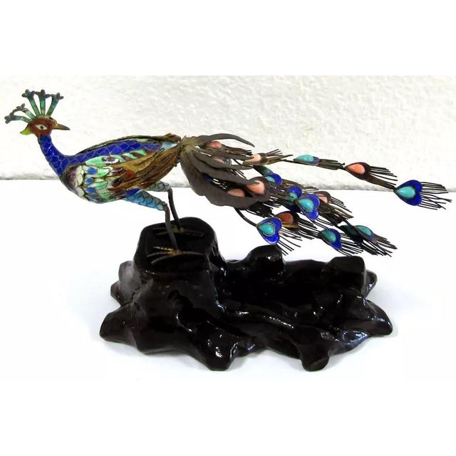 Antique Chinese Silver Gilt Cloisonne Jeweled Peacock Bird Sculpture 19th Century A circa 19th century Chinese Republic...