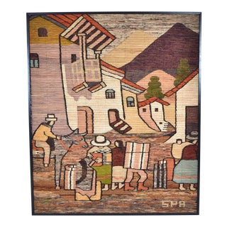 Vintage Peruvian Alpaca Wool Tapestry Mural Village Workers Signed Spa For Sale
