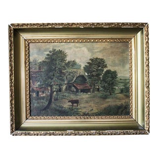 Vintage Oil on Canvas Painting - Farm Scene For Sale