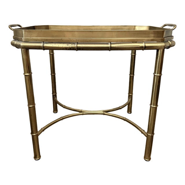 Vintage Brass Faux Bamboo Side Table With Glass Tray Top | Hollywood Regency End Table For Sale