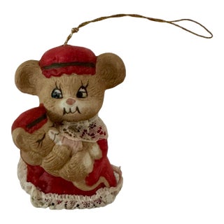 Vintage Mid 20th Century Hand Painted Bisque Porcelain Mother Mouse With Baby Bell Tree Ornament For Sale