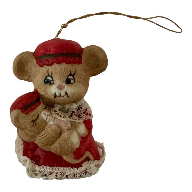 Vintage Mid 20th Century Hand Painted Bisque Porcelain Mother Mouse With Baby Bell Tree Ornament For Sale