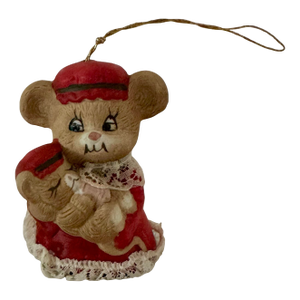Vintage Mid 20th Century Hand Painted Bisque Porcelain Mother Mouse With Baby Bell Tree Ornament