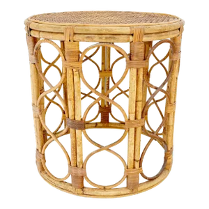 Mid Century Modern 70's Round Bamboo Cane Top Side End Table Stand Pedestal MINT