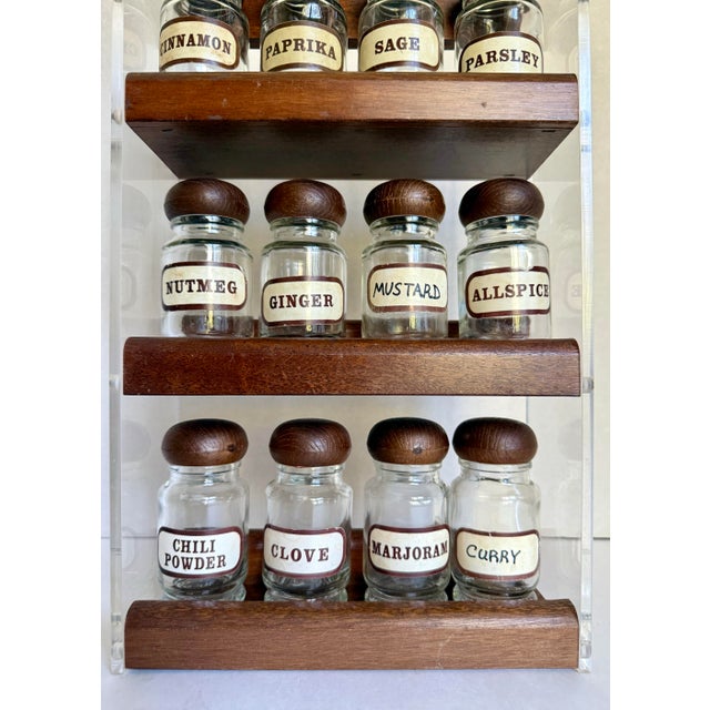Mid-Century Modern MCM Acrylic and Wood Glass Bottle Spice Rack For Sale - Image 3 of 10