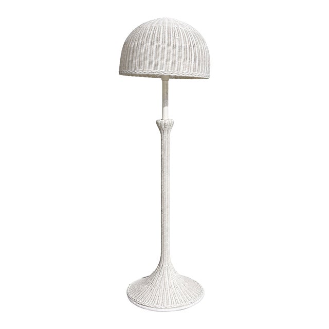 Vintage White Wicker Floor Lamp With Dome Shade For Sale