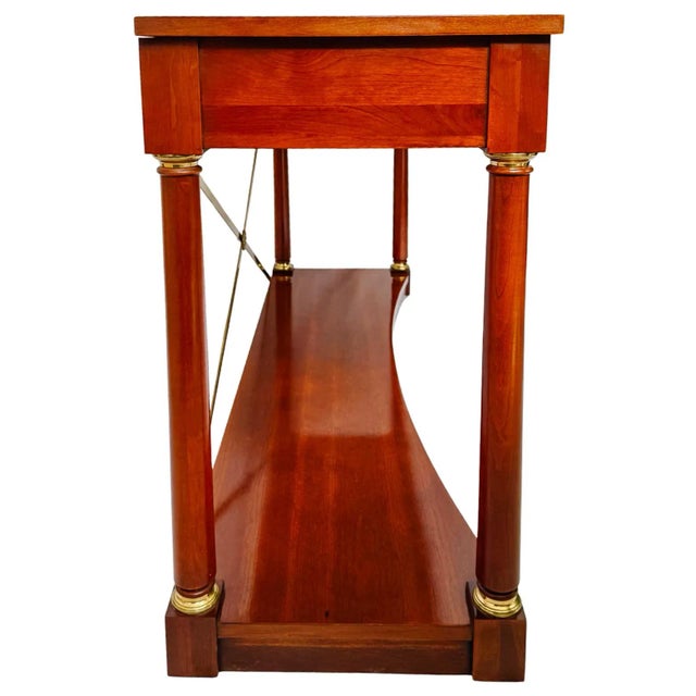 1990s 1990 Ethan Allen Medallion Collection Cherry Console Table With Brass X-Stretcher For Sale - Image 5 of 16