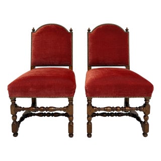 Pair of Louis XIII Renaissance Turned Wood Upholstered Side Chairs For Sale