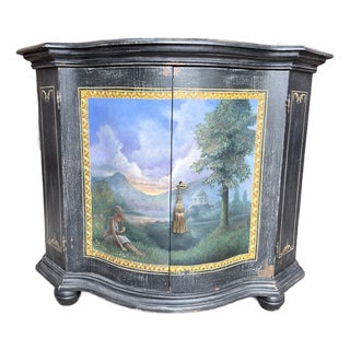 Vintage Italian Hand Painted Curved Front Cabinet in Distressed Black For Sale