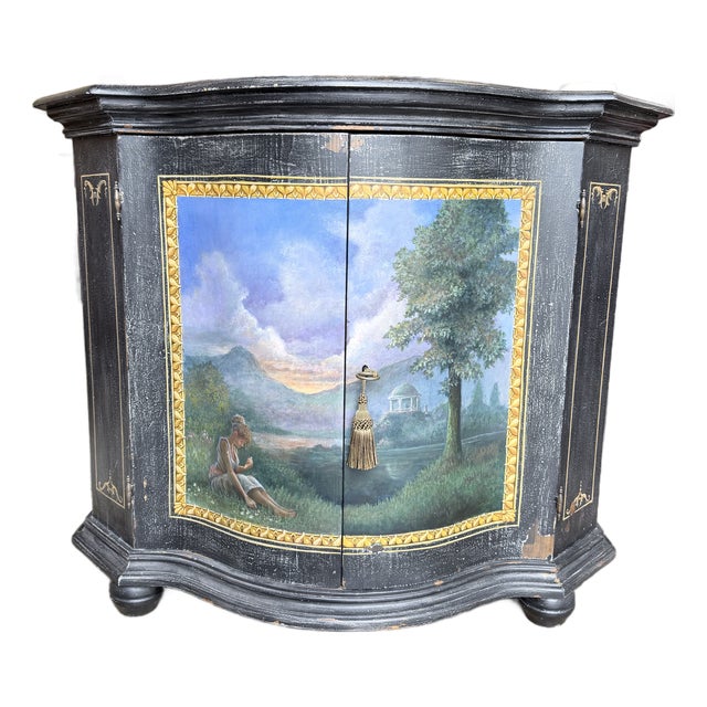 Vintage Italian Hand Painted Curved Front Cabinet in Distressed Black For Sale