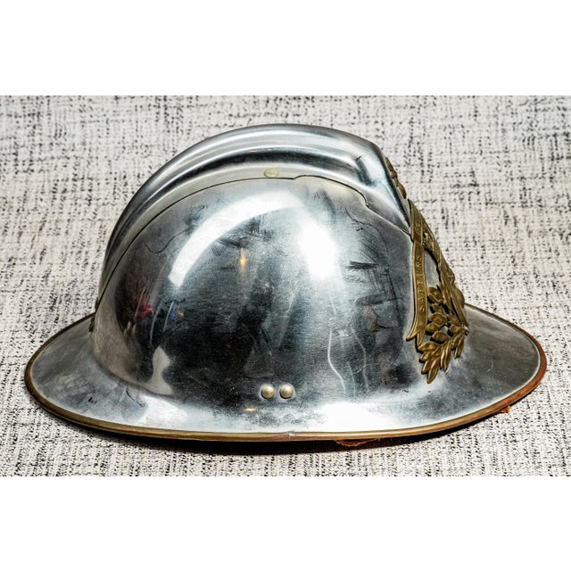 Fascinating Antique French France Fireman's Helmet Decorative Silver Tone Metal With Bronze Crest Home Decor For Sale In New York - Image 6 of 11