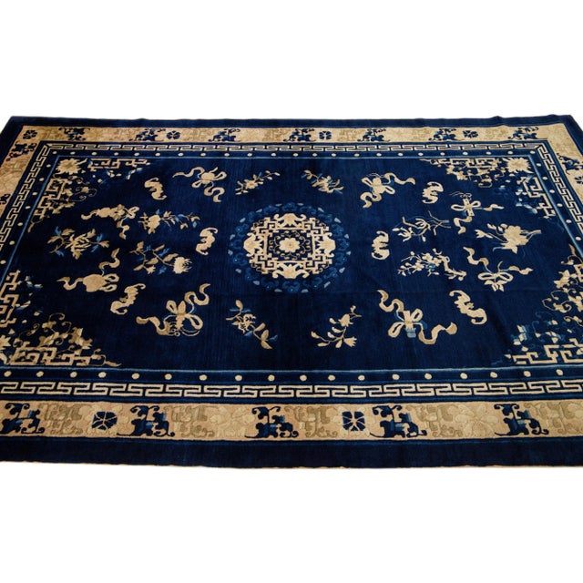1920s 1920s Antique Chinese Peking Wool Rug Handmade Blue With Classic Floral Design For Sale - Image 5 of 7