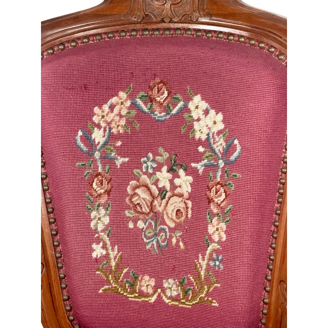 Vintage Renaissance Revival Carved Armchair With Burgundy Floral Upholstery For Sale - Image 9 of 18