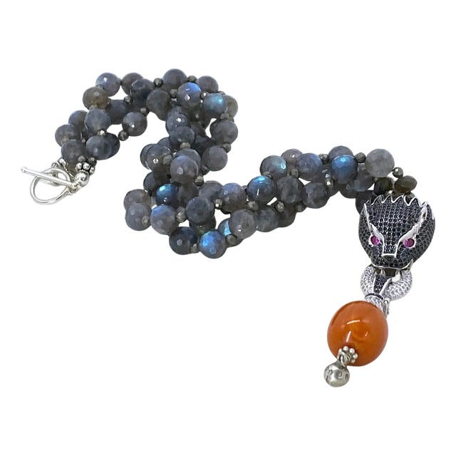 Artisan Double Strand Labradorite Necklace With Cz Dragon Pendant For Sale