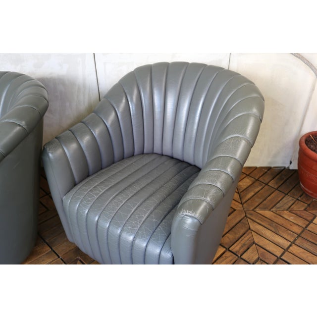 Vintage Pair of Gray Leather Channel-Tufted Club Chairs by Martin/Brattrud, 1987 For Sale - Image 9 of 14