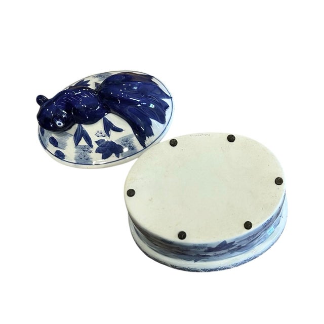 Chinoiserie Blue & White Chinese Koi Fish Oval Vessel / Tureen / Covered Dish / Box With Lid For Sale - Image 10 of 10