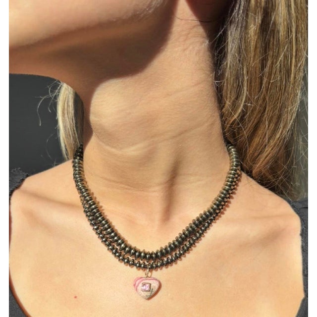 Modern Rhodochrosite Heart Necklace With Spinel, 14k Gold & Pyrite For Sale - Image 3 of 13