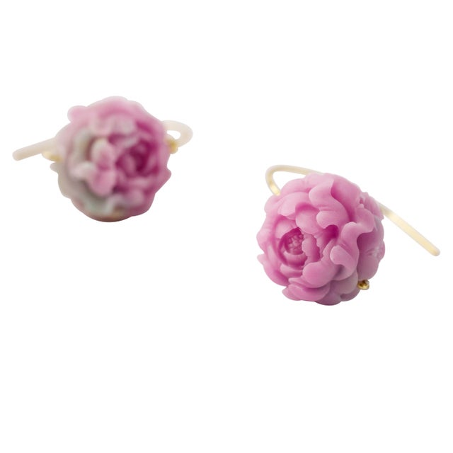 2020s Pink Agate Peony Flower Earring II 14k Gold Hook, A Pair For Sale - Image 5 of 8