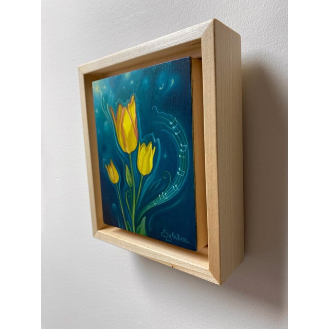 Contemporary Musicis Tulips by Sybiline | Oil on Wood Painting of yellow tulips with musical notes For Sale - Image 3 of 4